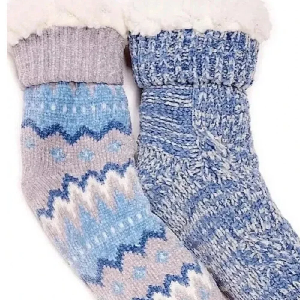 MUK LUKS Women's XL 2 Pack Lined Socks Faux Fur SIZE 8-10 Blue NEW